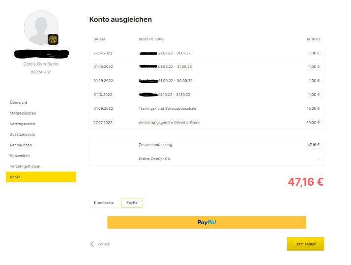 Screenshot Selfserivce, Konto