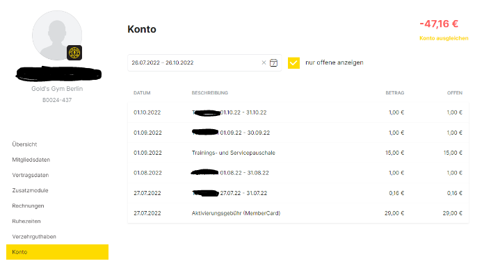 Screenshot Selfserivce, Konto